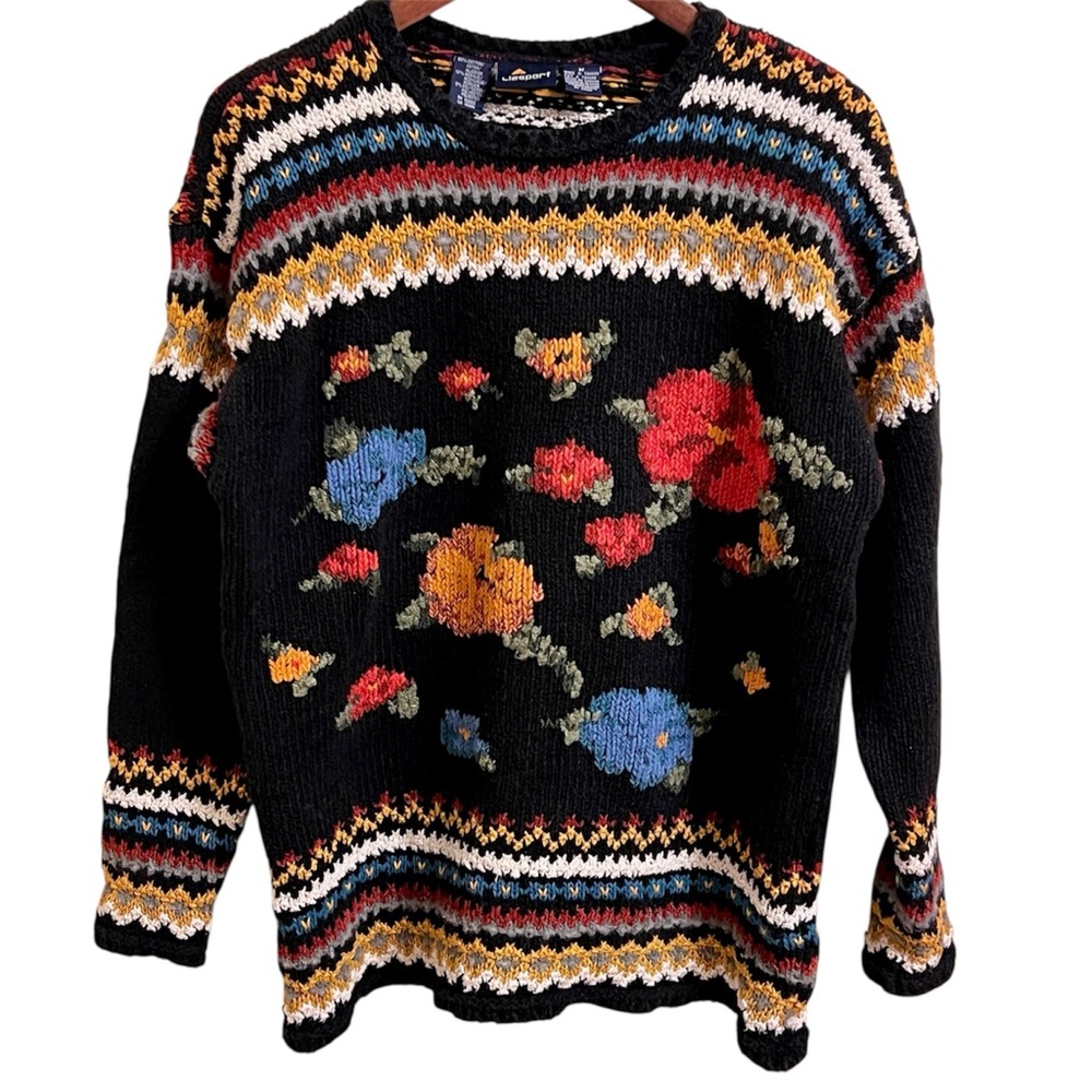 Vintage Liz Sport Floral Knit Grandma Sweater Pullover Oversized Cotton Medium